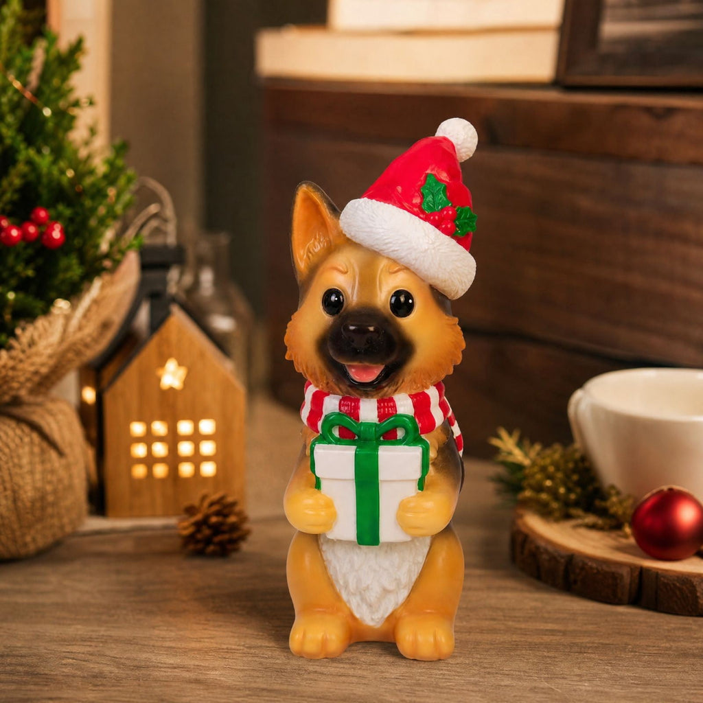 Luckky Lighted Christmas Dog Resin Statue, Santa Hat and Scarf Dog Figurine, 7.87 Inch, Multi-Color LED Lights, Indoor Outdoor Holiday Decor