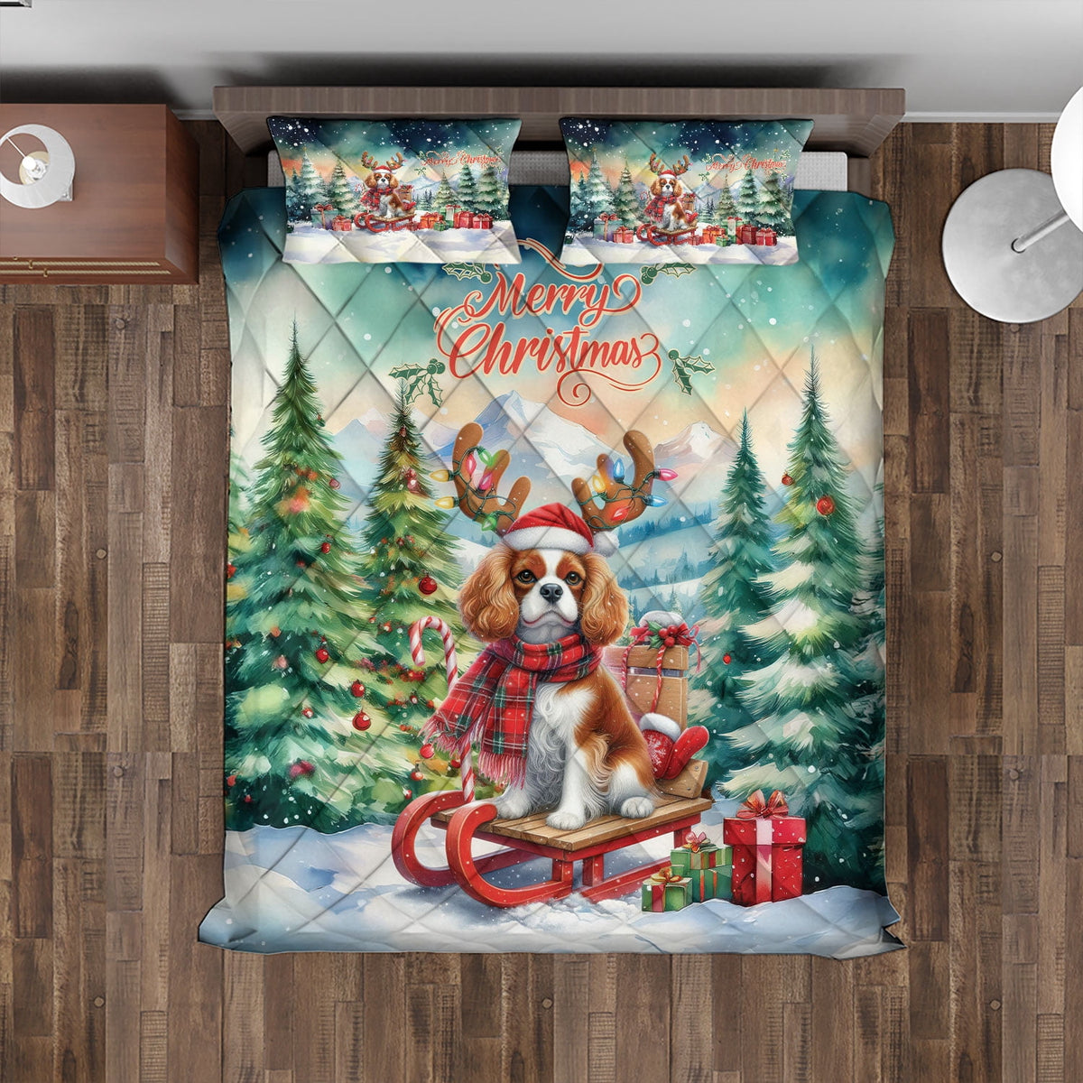 Merry Christmas Santa Reindeer Antlers French Bulldog Sleigh Xmas Winter Holiday Quilt Bedding Set Dog Lover Gifts 1 Blanket Bed Cover 2 Pillowcases - 00023