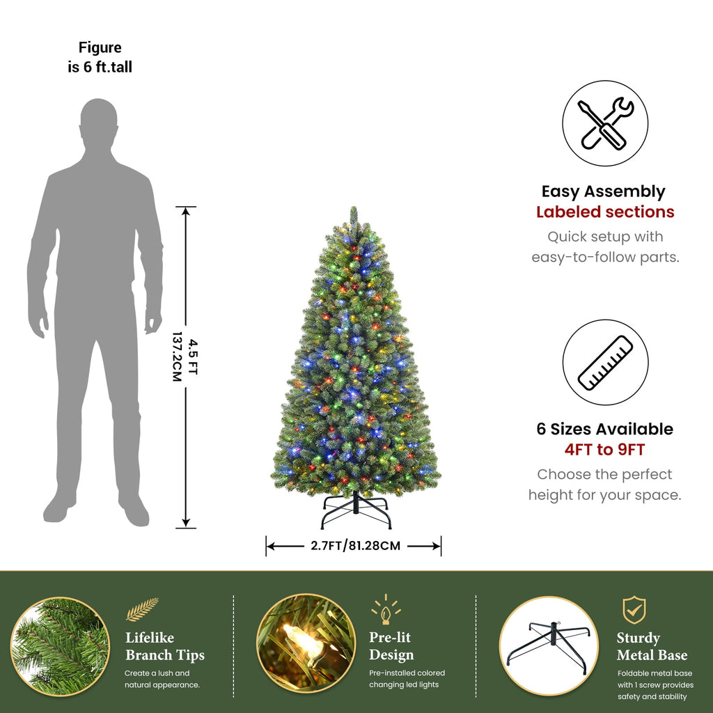 Lolsea 4.5ft Prelit Artificial Christmas Tree w/ Remote Control and Warm White & Color Changing Lights