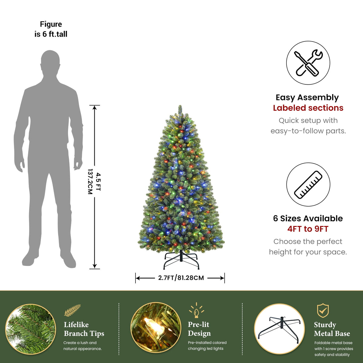 Lolsea 4.5ft Prelit Artificial Christmas Tree w/ Remote Control and Warm White & Color Changing Lights