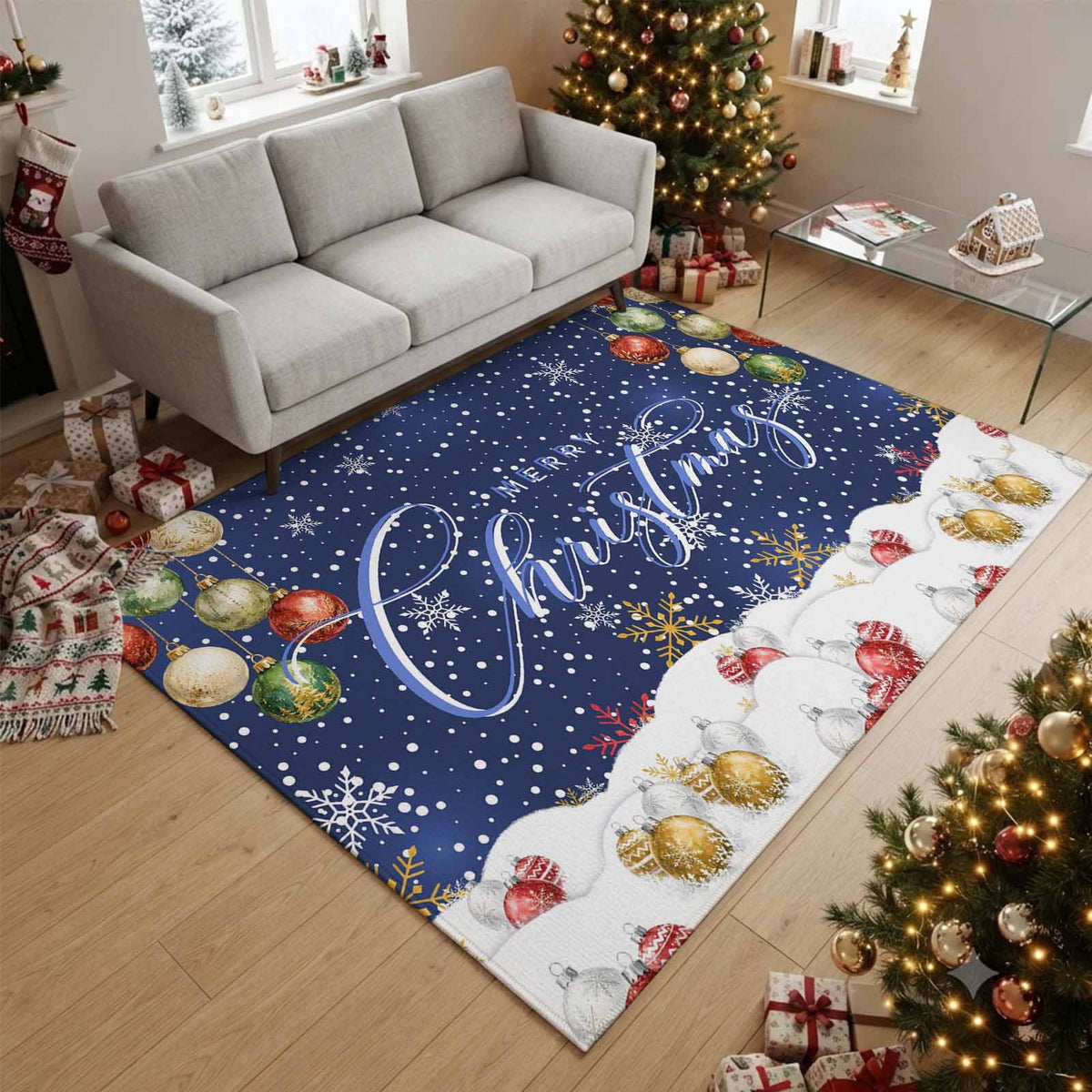 8x10 Area Rugs, Navy Blue Christmas Non-Skid Rubber Backing Large Rectangle Rugs - Living Room Bedroom Home Office, Xmas Snowflake Balls Snowy Sparkle Indoor Floor Mat Carpets Washable Rug