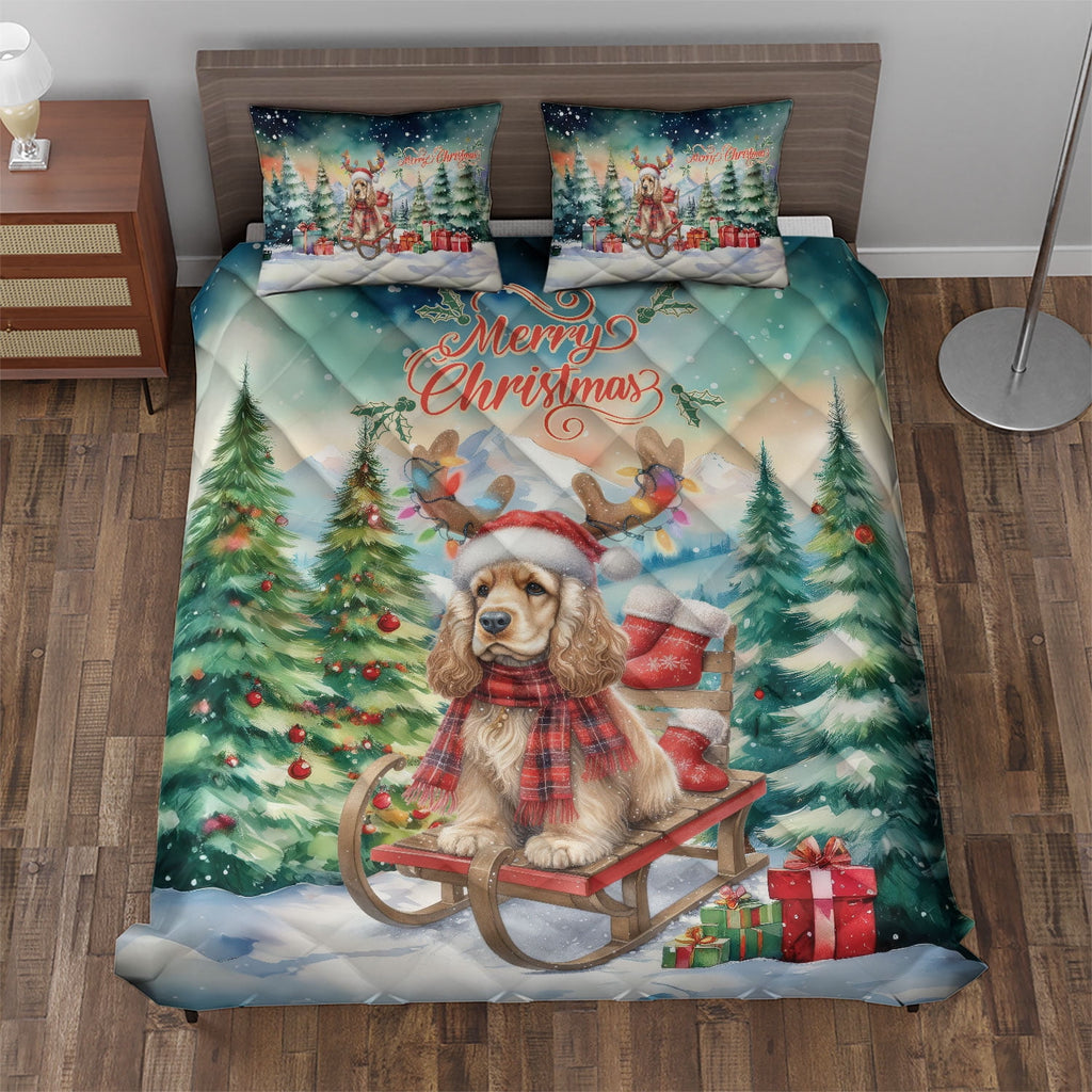 Merry Christmas Santa Reindeer Antlers French Bulldog Sleigh Xmas Winter Holiday Quilt Bedding Set Dog Lover Gifts 1 Blanket Bed Cover 2 Pillowcases - 00023