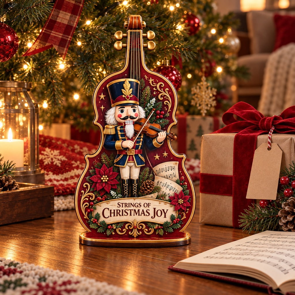 Layered Christmas Violin Nutcracker Tabletop Display for Musicians