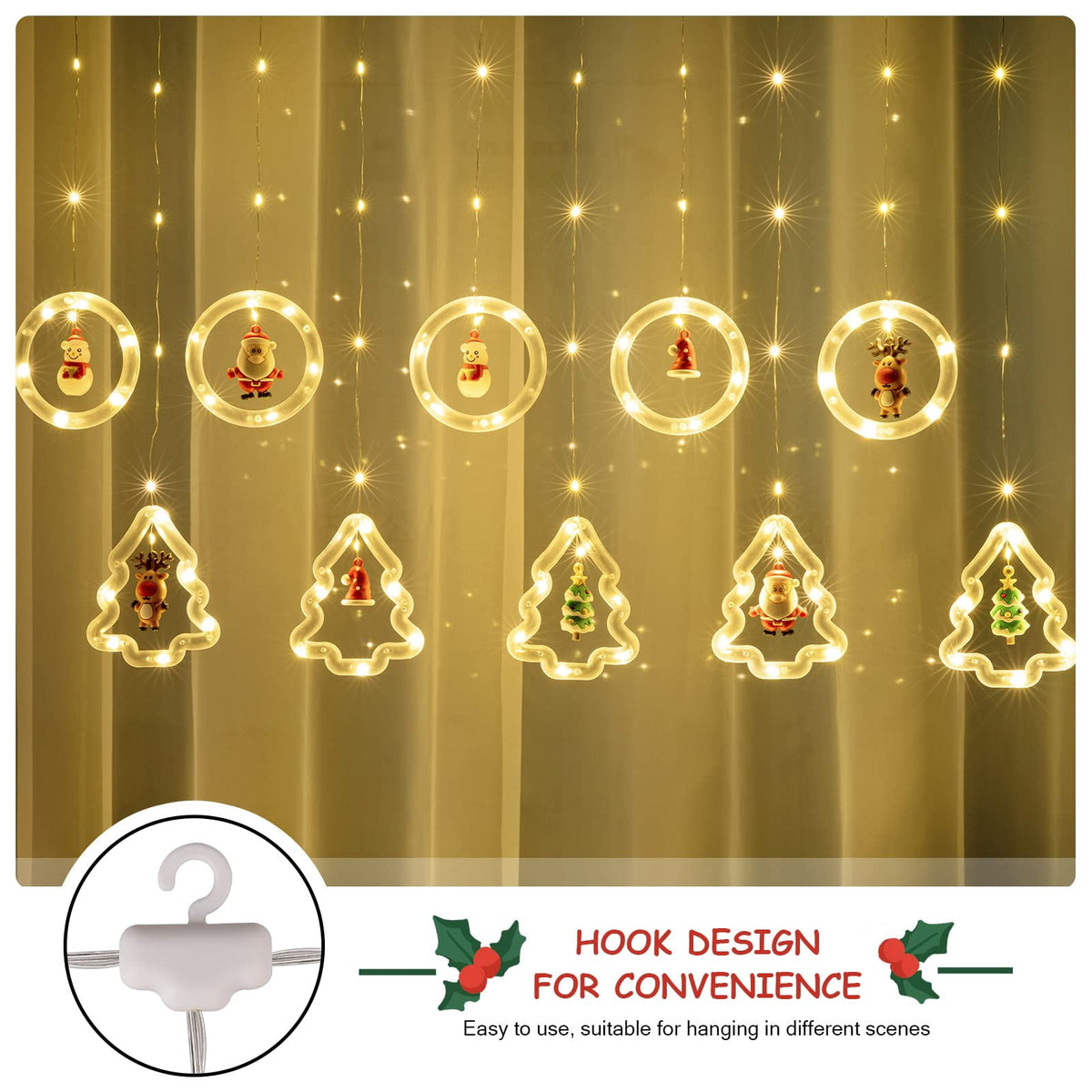 WILLED Christmas String Lights, 120 LED Window Curtain Lights with Christmas Ornaments, 9.8ft USB Powered Warm White Waterproof Fairy Lights Indoor Outdoor for Xmas Tree Patio Garden Party Home Decor