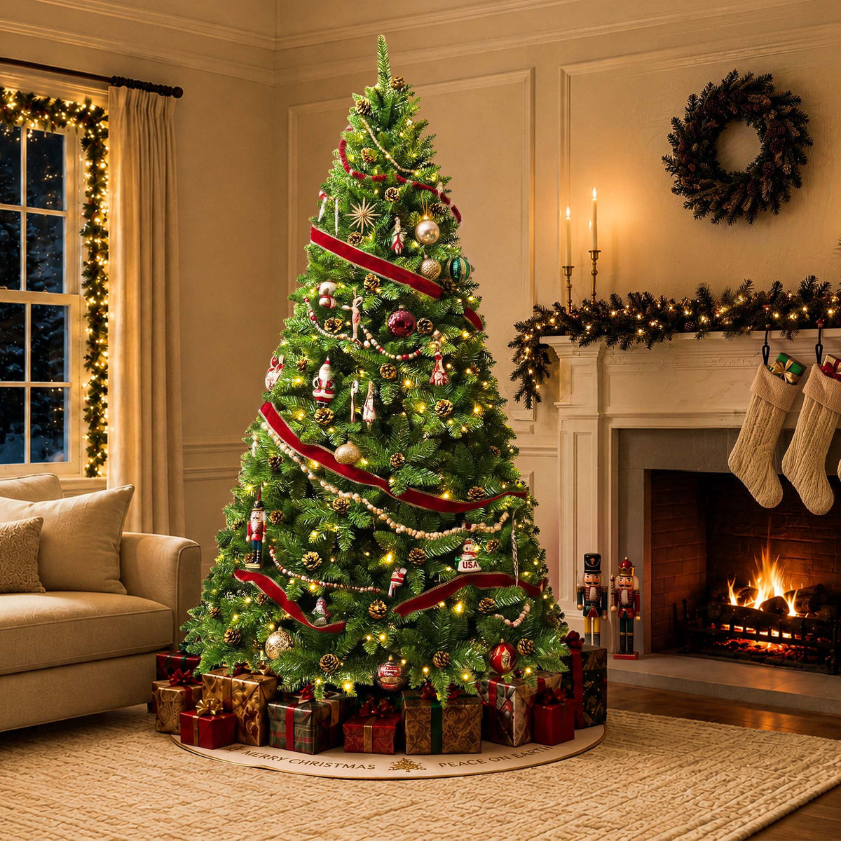 Yexmas 9FT Pre-Lit Green Christmas Tree with Pinecones, Artificial Xmas Tree with Large Storage Bag for Indoor Christmas Decorations