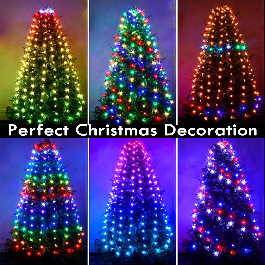 IC ICLOVER Christmas Tree String Lights Decorations with Ring Smart APP, 400 LED Waterfall Lights IP65 Waterproof Multi-Modes with Remote Color Changing Lights for Wedding Yard Party Home Holiday