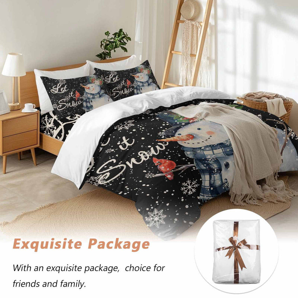 Christmas Watercolor Bedding Duvet Cover Set Queen Size 4 Pieces Snowman Snowflakes Black Vintage Bedding Set with Zipper Closure, 1 Comforter Cover 90x90 Inches 1 Flat Sheet & 2 Pillow Cases