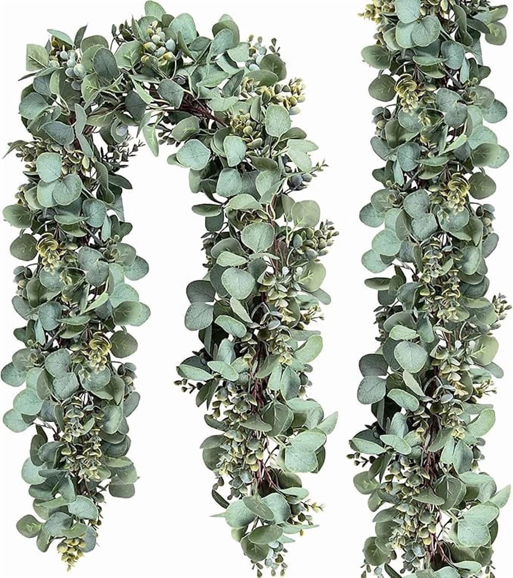 Scidweet Christmas Eucalyptus Garland, 2 Pcs 6.56 FT Artificial Greenery Garland Silver Dollar Leaves Boxwood Vines with White Buds for Home Wedding Party Table Mantle Xmas Decor