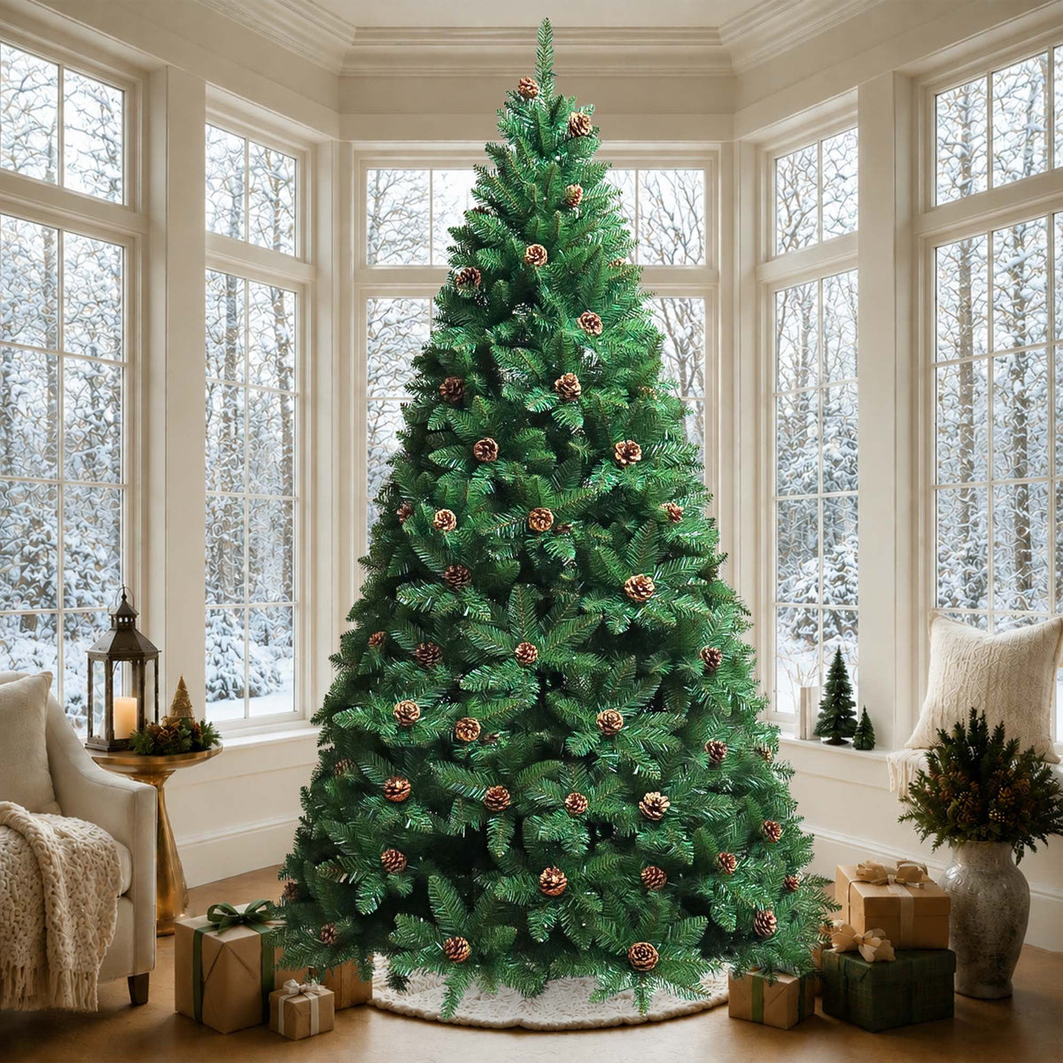 Yexmas 9FT Pre-Lit Green Christmas Tree with Pinecones, Artificial Xmas Tree with Large Storage Bag for Indoor Christmas Decorations