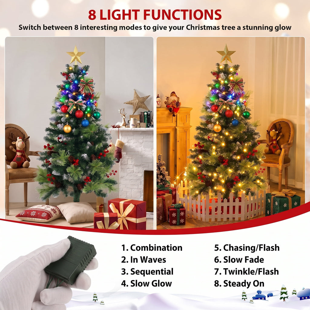 Funcid 6ft Artificial Christmas Tree with 8 Adjustable Light Flash Rate Modes, Decorated Xmas Tree with Pine Cones, Hinged Partially Flocked Christmas Tree with Foldable Metal Base