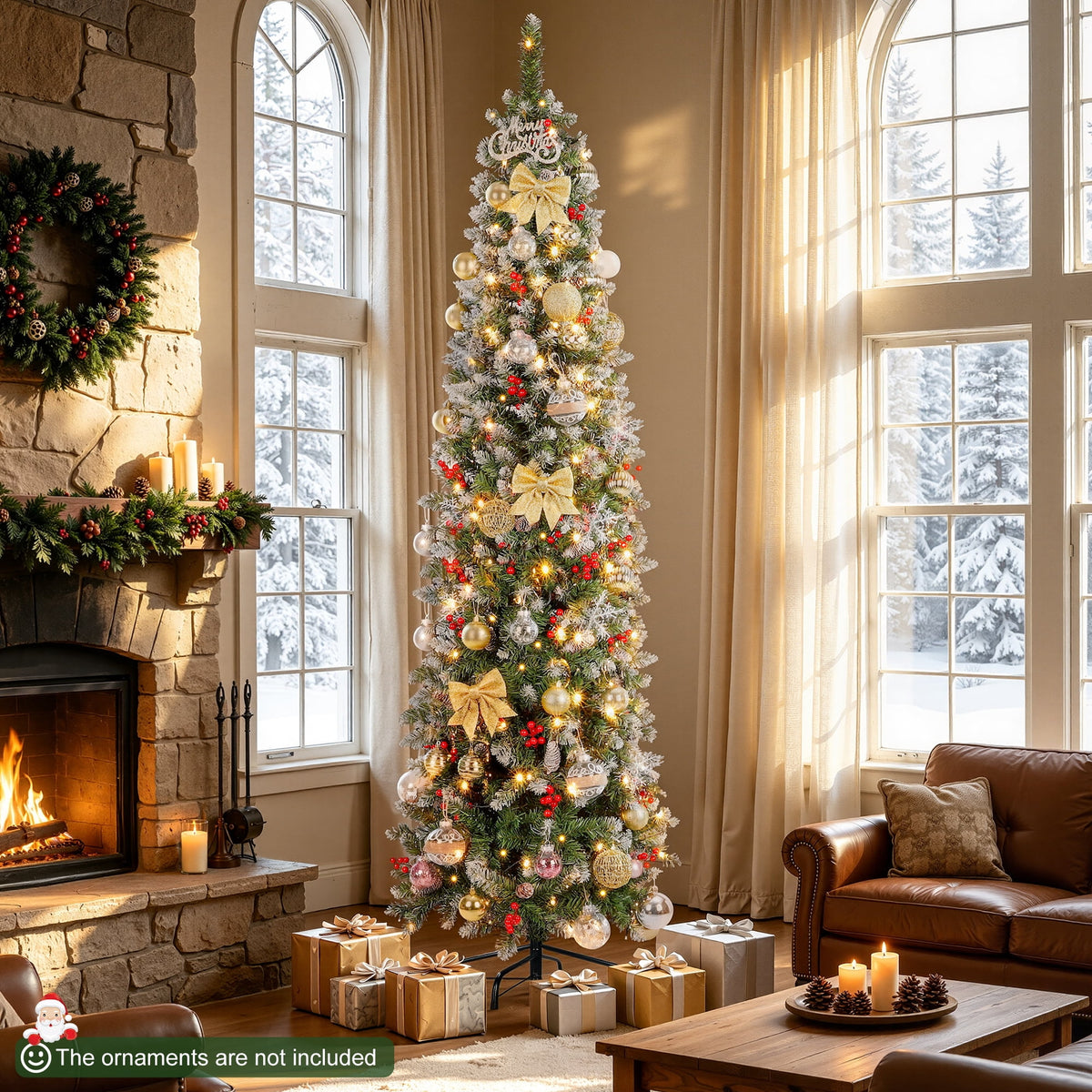 Aufeile 6ft Pencil Christmas Tree, Slim Pre-Lit Xmas Tree, 200 LED Lights, 600 Hinged Tips, Pine Cones, Berries, Metal Stand