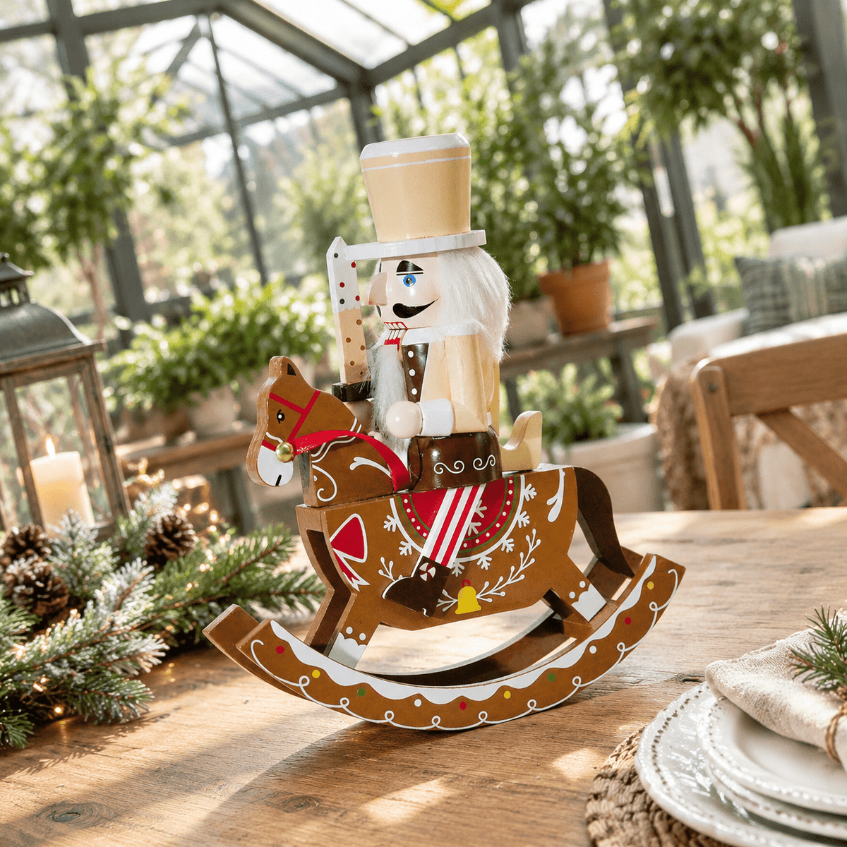 Gingerbread Wooden Nutcracker Rocking Horse Soldier Figurine Indoor Christmas Decor