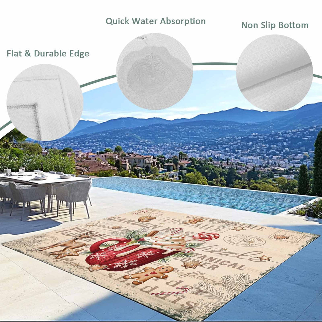 Christmas Outdoor Rug for Patio/Deck/Porch, Non-Slip Large Area Rug 6 x 9 Ft, Xmas Deer Ice Cream Cookies Candy Pine Needles Indoor Outdoor Rugs Washable Area Rugs, Camping Rug Carpet Runner