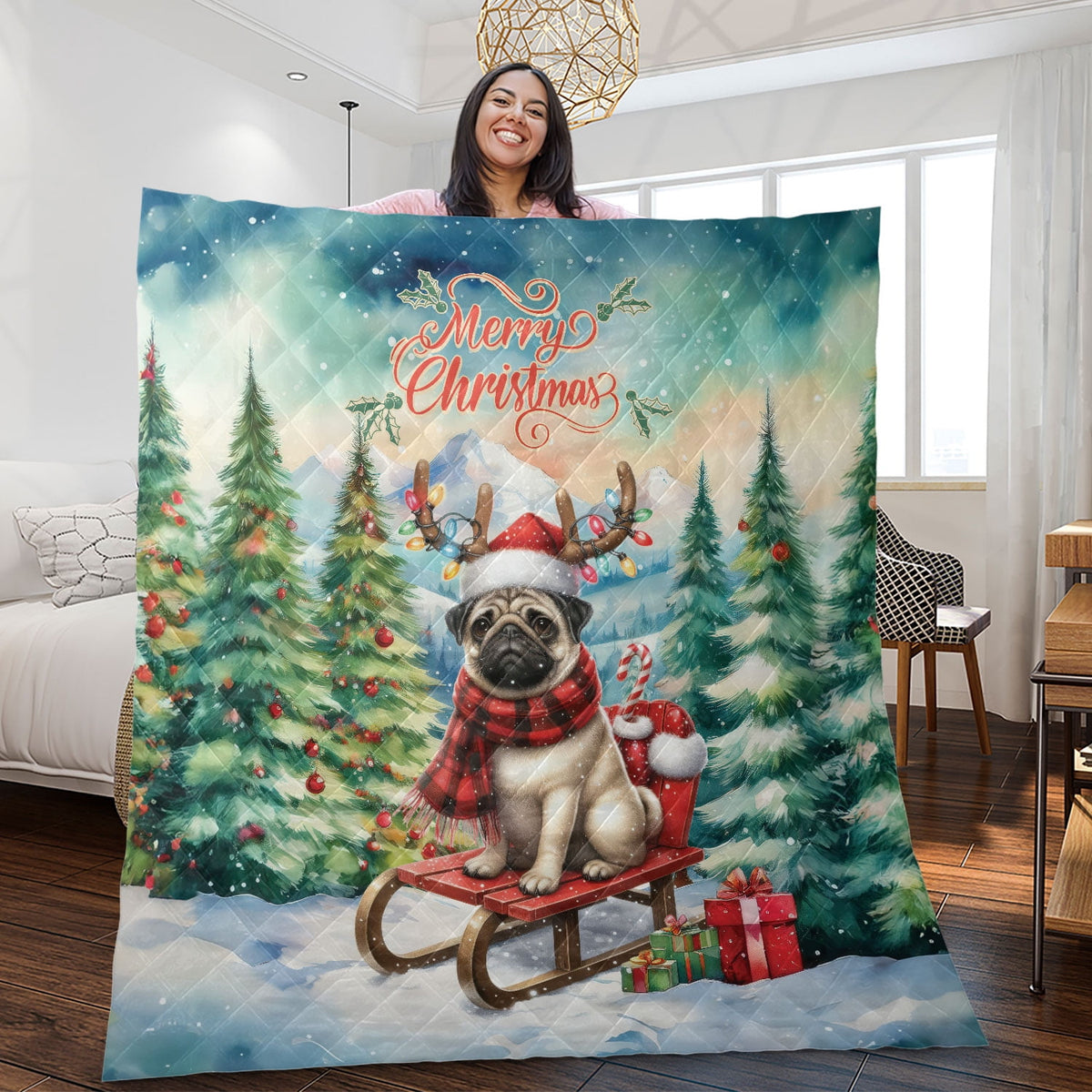 Merry Christmas Santa Reindeer Antlers French Bulldog Sleigh Xmas Winter Holiday Quilt Bedding Set Dog Lover Gifts 1 Blanket Bed Cover 2 Pillowcases - 00023