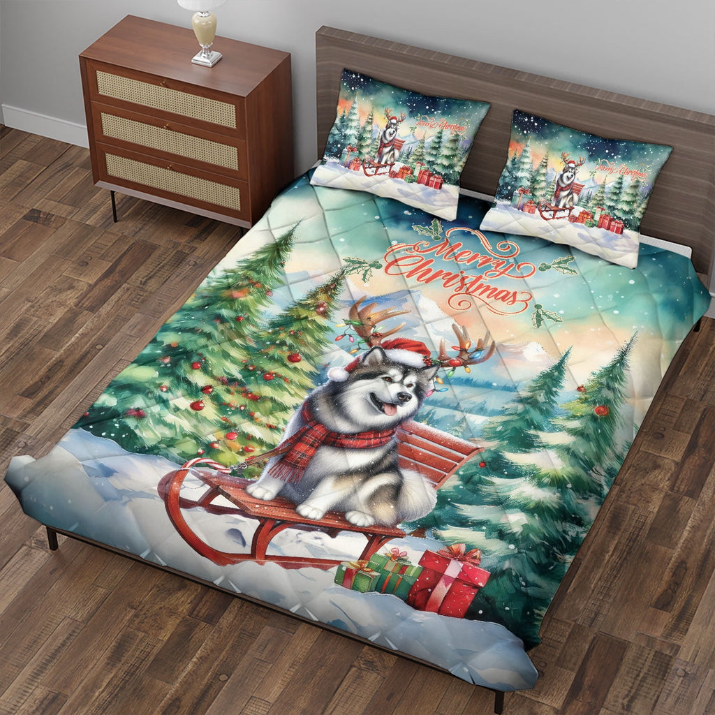 Merry Christmas Santa Reindeer Antlers French Bulldog Sleigh Xmas Winter Holiday Quilt Bedding Set Dog Lover Gifts 1 Blanket Bed Cover 2 Pillowcases - 00023