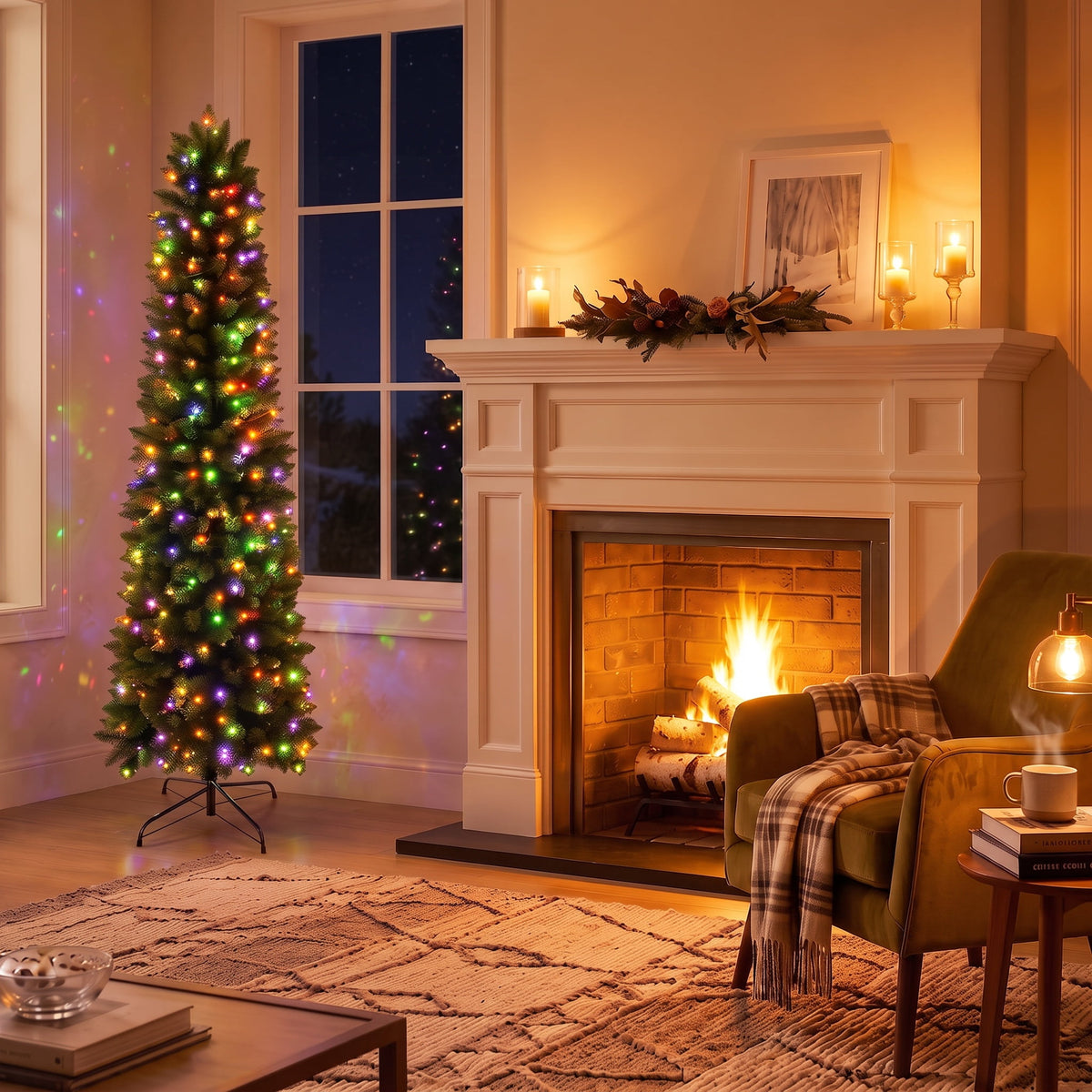 Legooin 6ft Pre-lit Slim Christmas Tree Skinny Hinged Artificial Xmas Tree with 250 Color-Changing Lights+957 Branch Tips