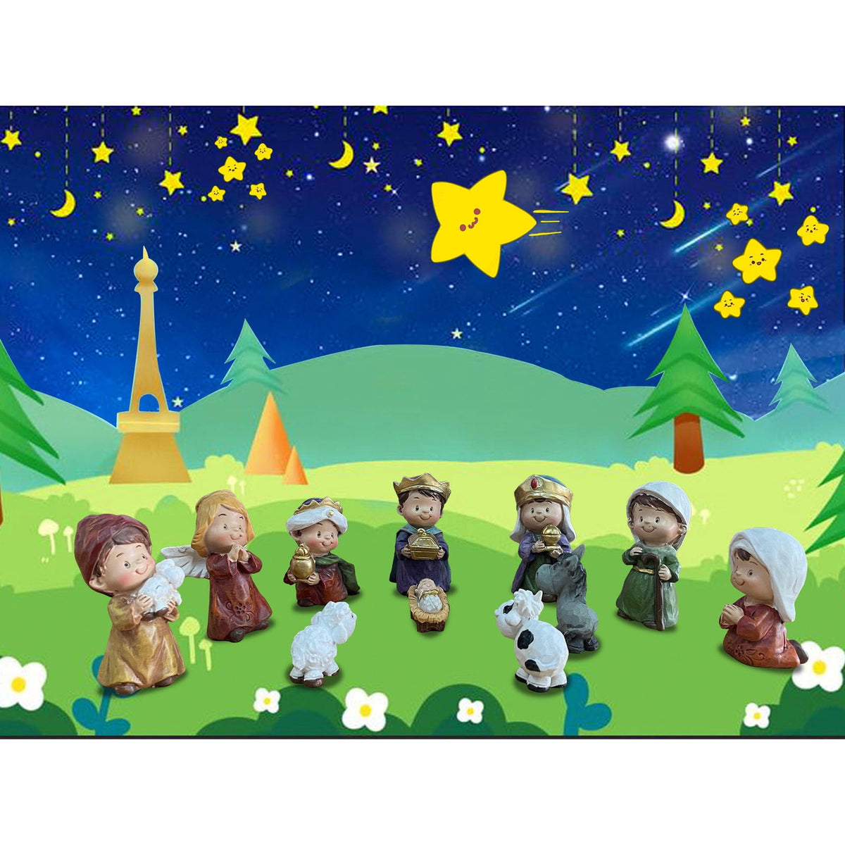 SIYTUAU Christmas Manger Nativity Scene Ornament Miniature Resin Craft Set 11 Piece Holy Family Figurines Display For Tabletop Holiday Decor