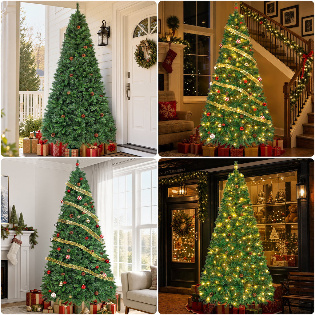 Firstness 6ft Pre-Lit Christmas Tree with 925 Branch Tips, Green Artificial Xmas Tree with Pine Cones, 8 Lighting Modes
