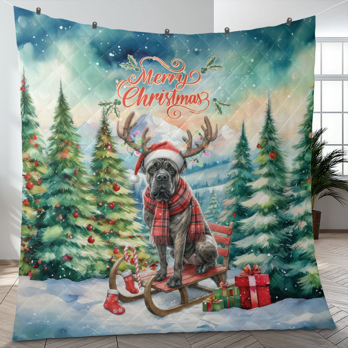 Merry Christmas Santa Reindeer Antlers French Bulldog Sleigh Xmas Winter Holiday Quilt Bedding Set Dog Lover Gifts 1 Blanket Bed Cover 2 Pillowcases - 00023