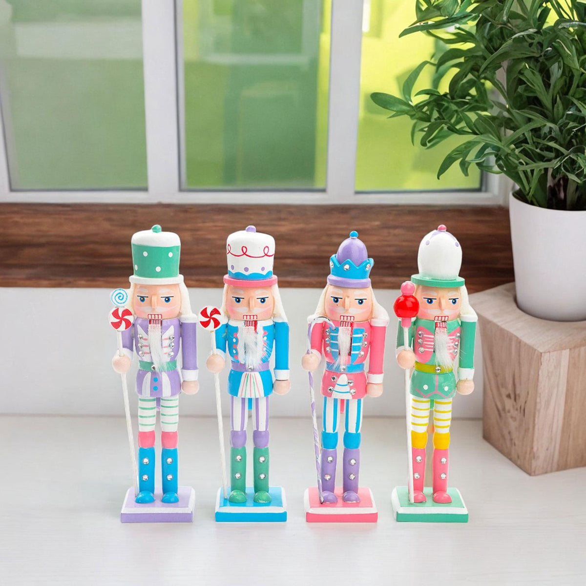 4 Pieces Christmas Nutcracker Ornaments Wooden Nutcracker Doll Decorative Statues Puppet for Shelves Home Decor Festival Xmas Gifts Holiday M