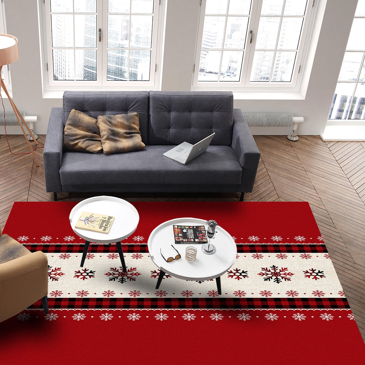 Christmas Snowflake Area Rug 5x7ft Red and Black Buffalo Plaid Non-Slip Washable Square Rugs Soft Felt Indoor Floor Mat for Bedroom Kitchen Living Room Bathroom