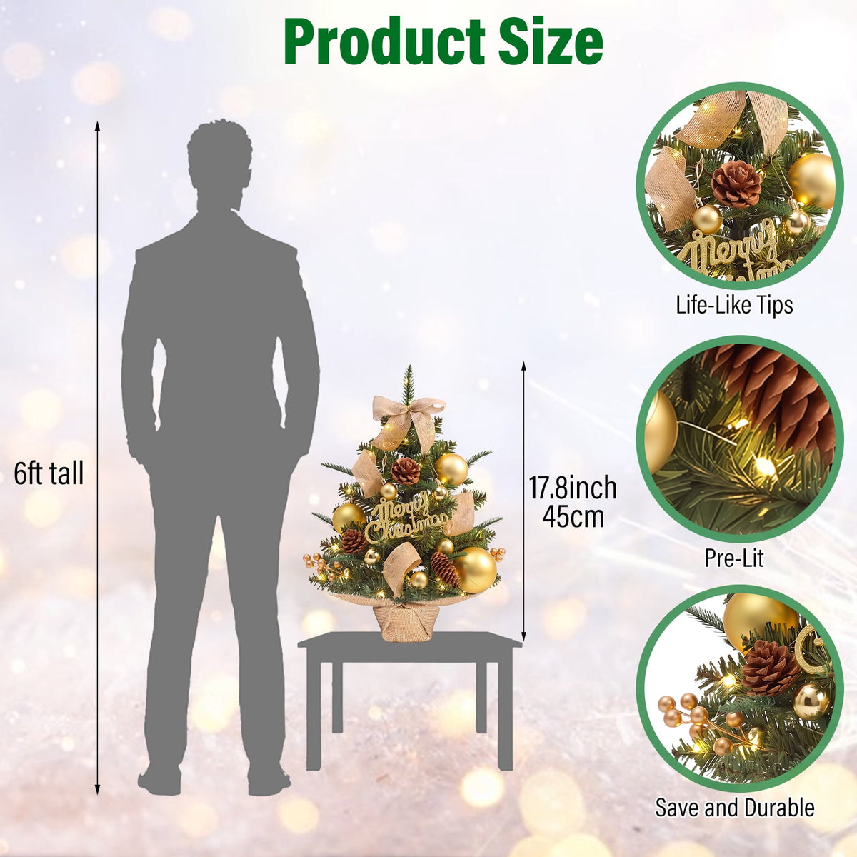 22" Mini Christmas Tree with 30 LEDs, Red Berries & Pinecones, DIY Kit, Battery Powered Tabletop Tree Christmas Decorations Gifts for Dorms, Offices, Home, Classrooms Desks & Small Spaces