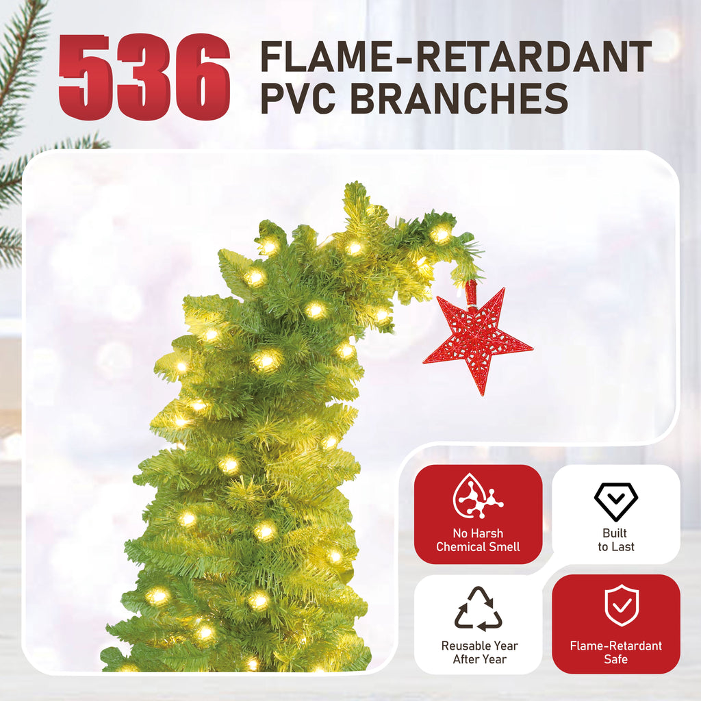VEIKOUS 6ft Christmas Tree Crooked Neck with Topper, Prelit Xmas Tree with 200 LED Lights & 536 Branch Tips, Bendable Top Christmas Slim Tree for Holiday Decor, Green