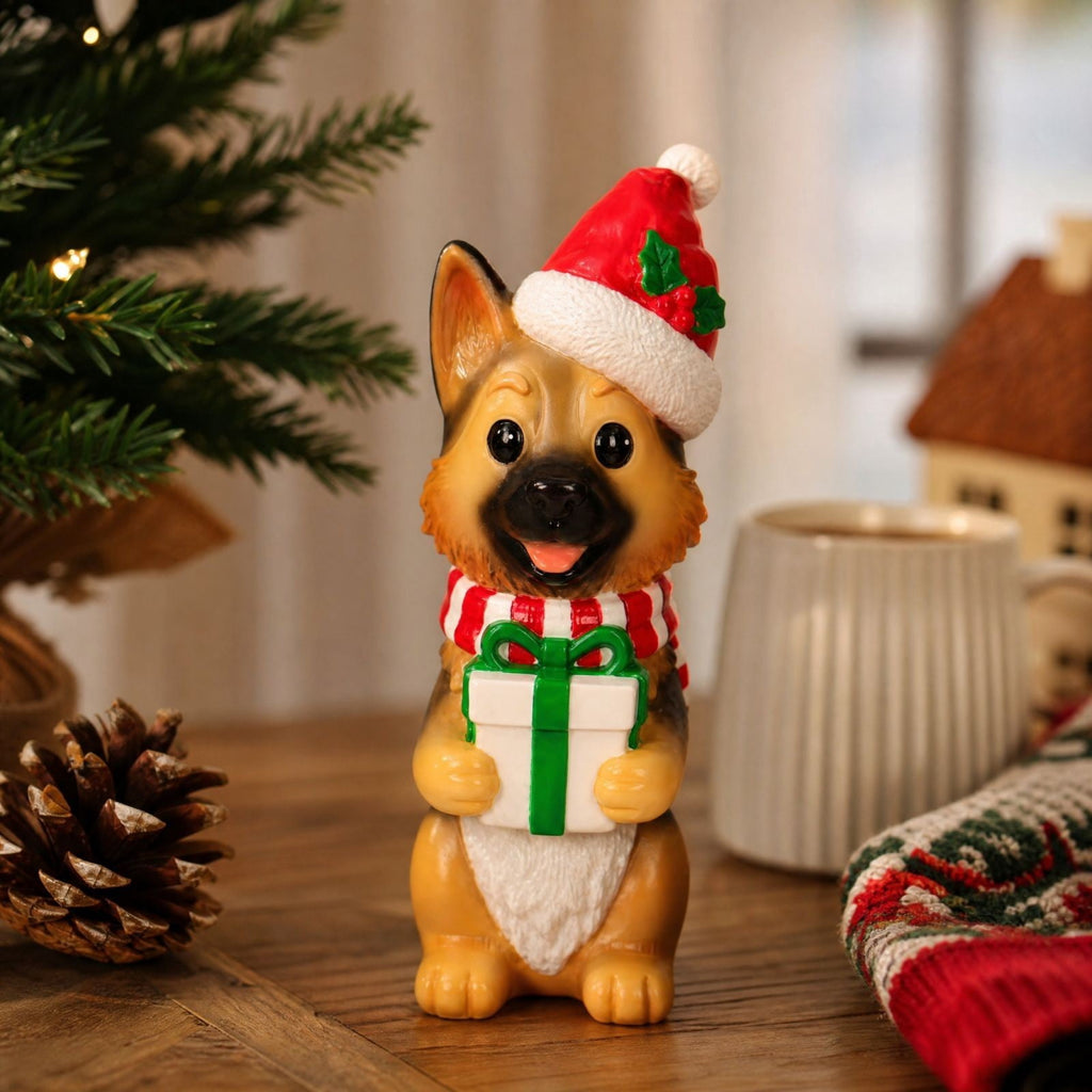 Luckky Lighted Christmas Dog Resin Statue, Santa Hat and Scarf Dog Figurine, 7.87 Inch, Multi-Color LED Lights, Indoor Outdoor Holiday Decor