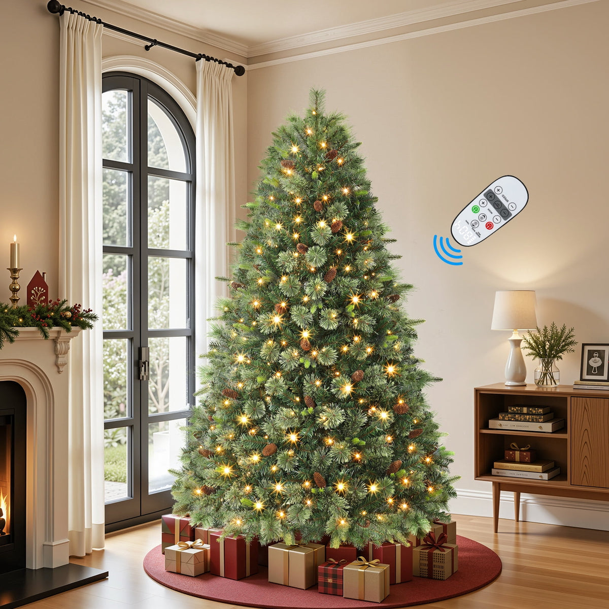Lolsea 5.5ft Prelit PE Pine Artificial Christmas Tree with Lifelike Needles & Pine Cones, Remote Control, Warm White & Multi‑Color LED Lights