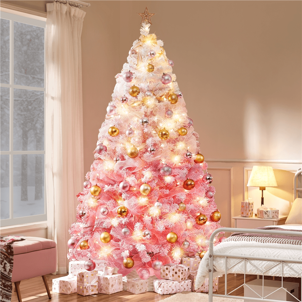 Alden Design 4.5 ft Pre-lit Flocked Christmas Tree with Warm Lights, Frosted White