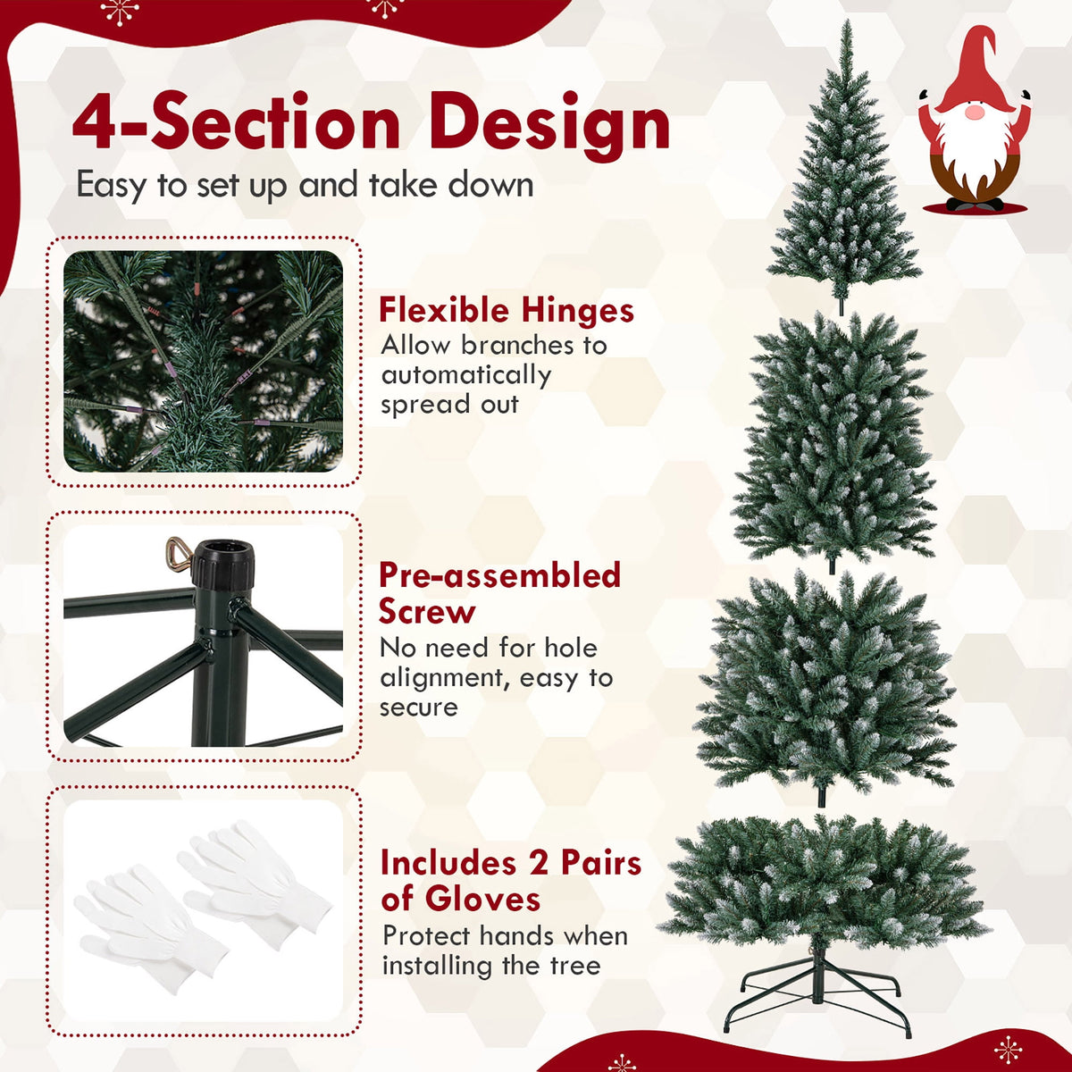 Gymax 9 FT Pre-Lit Artificial Christmas Tree Hinged Slim Pencil Xmas Tree w/ 1298 Snowy Branch Tips