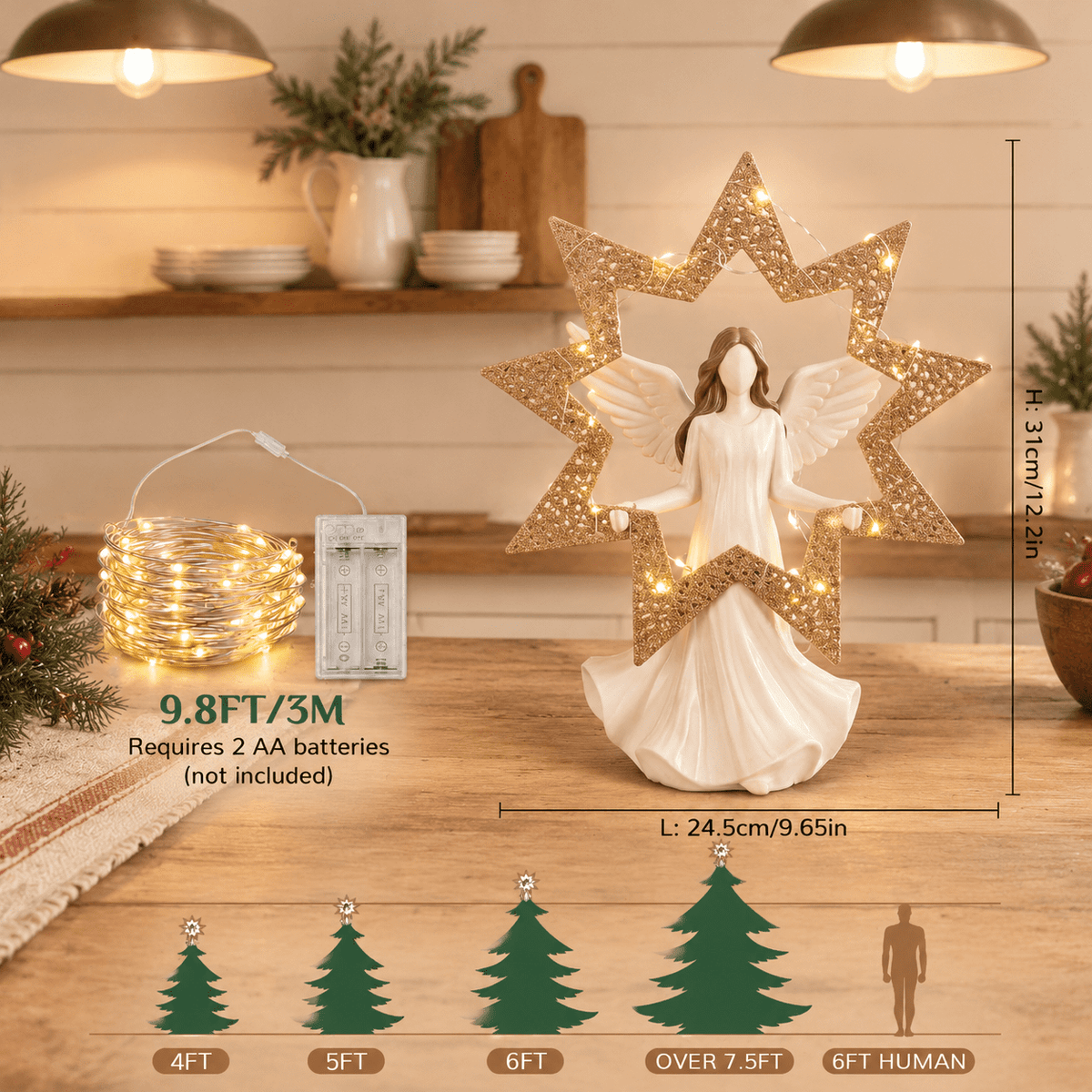 12-Inch Angel Christmas Tree Topper with LED Lights and 6-Hour Timer