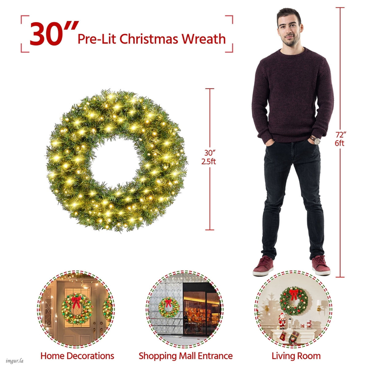 Alden Design 48in Pre-lit Fir Christmas Wreath for Door with 200 LED Lights & 720 Tips, Green
