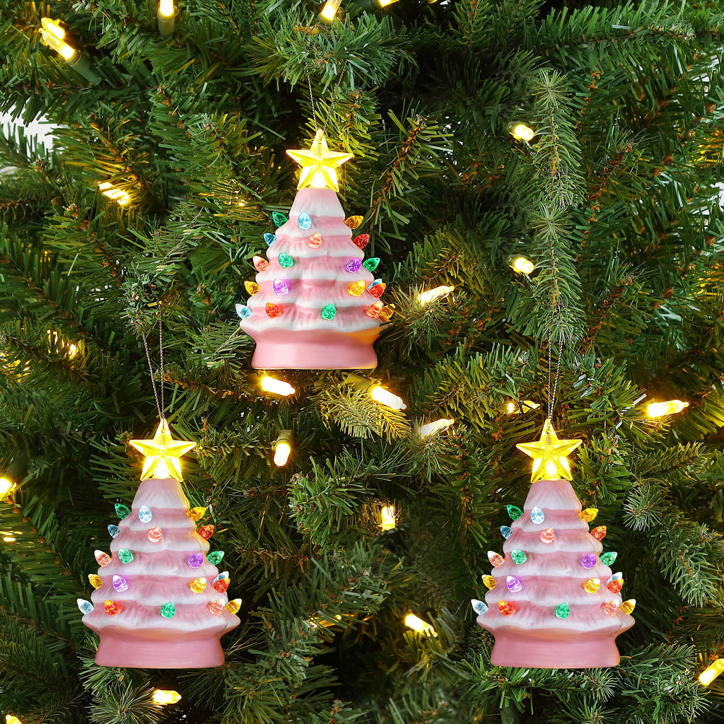 Mr. Christmas 5.25-Inch Nostalgic Tabletop Christmas Trees, Set of 3, White, LED Lights