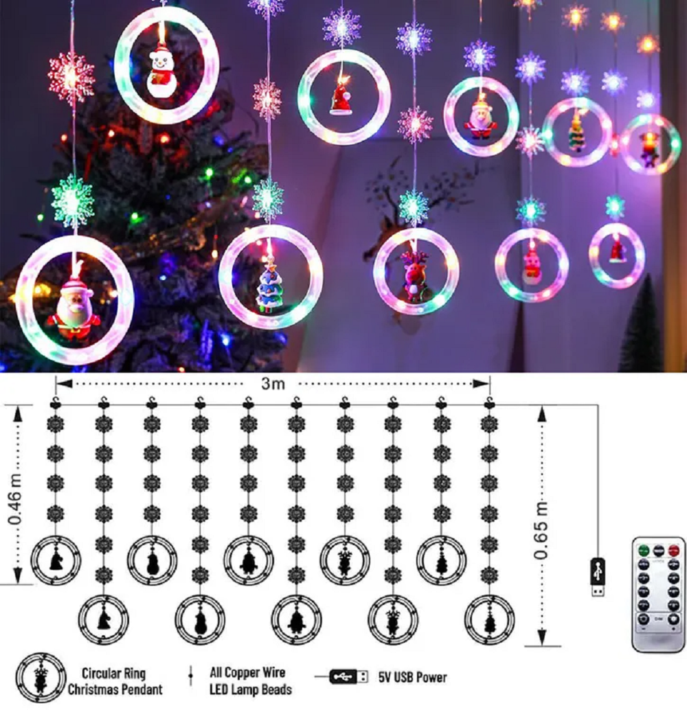 WILLED Christmas String Lights, 120 LED Window Curtain Lights with Christmas Ornaments, 9.8ft USB Powered Warm White Waterproof Fairy Lights Indoor Outdoor for Xmas Tree Patio Garden Party Home Decor