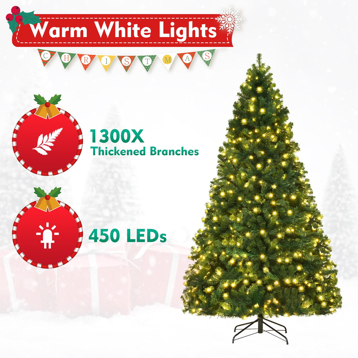DAYBETTER 6ft Christmas Tree Artificial, Pre-lit with 250 LED Warm White Lights, 800 Branch Tips, Foldable Sturdy Metal Stand for Festival Home, Office Decor, Indoor and Outdoor