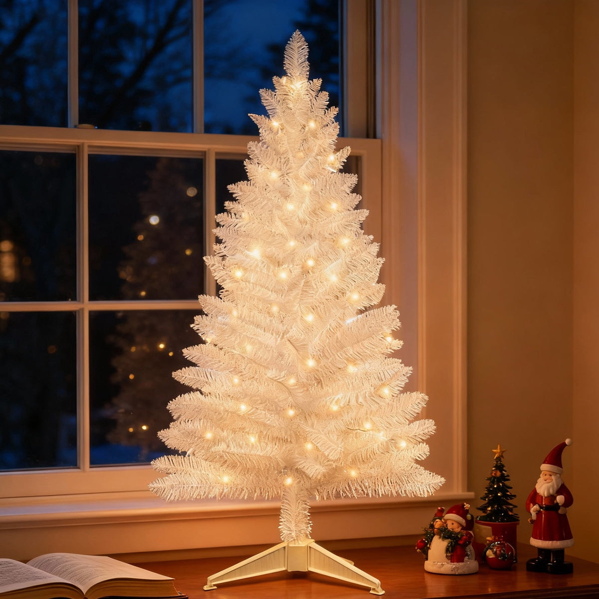 Bringstar 4FT Silver Artificial Christmas Tree with 50 String Lights, Mini Tinsel Tree, Not Pre-Lit, for Halloween & Holiday Home & Office Décor