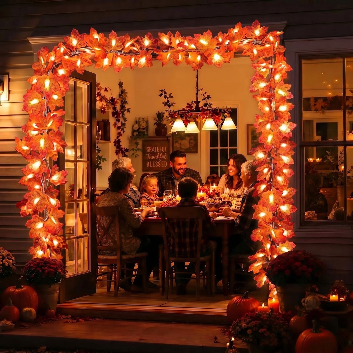 Scidweet 6 Pack Fall Garland with Lights, 60FT 120 LED Fake Autumn Maple Leaves Garland Indoor Outdoor Fall Decorations for Home Patio Party Table Thanksgiving Harvest Halloween Decor, Orange