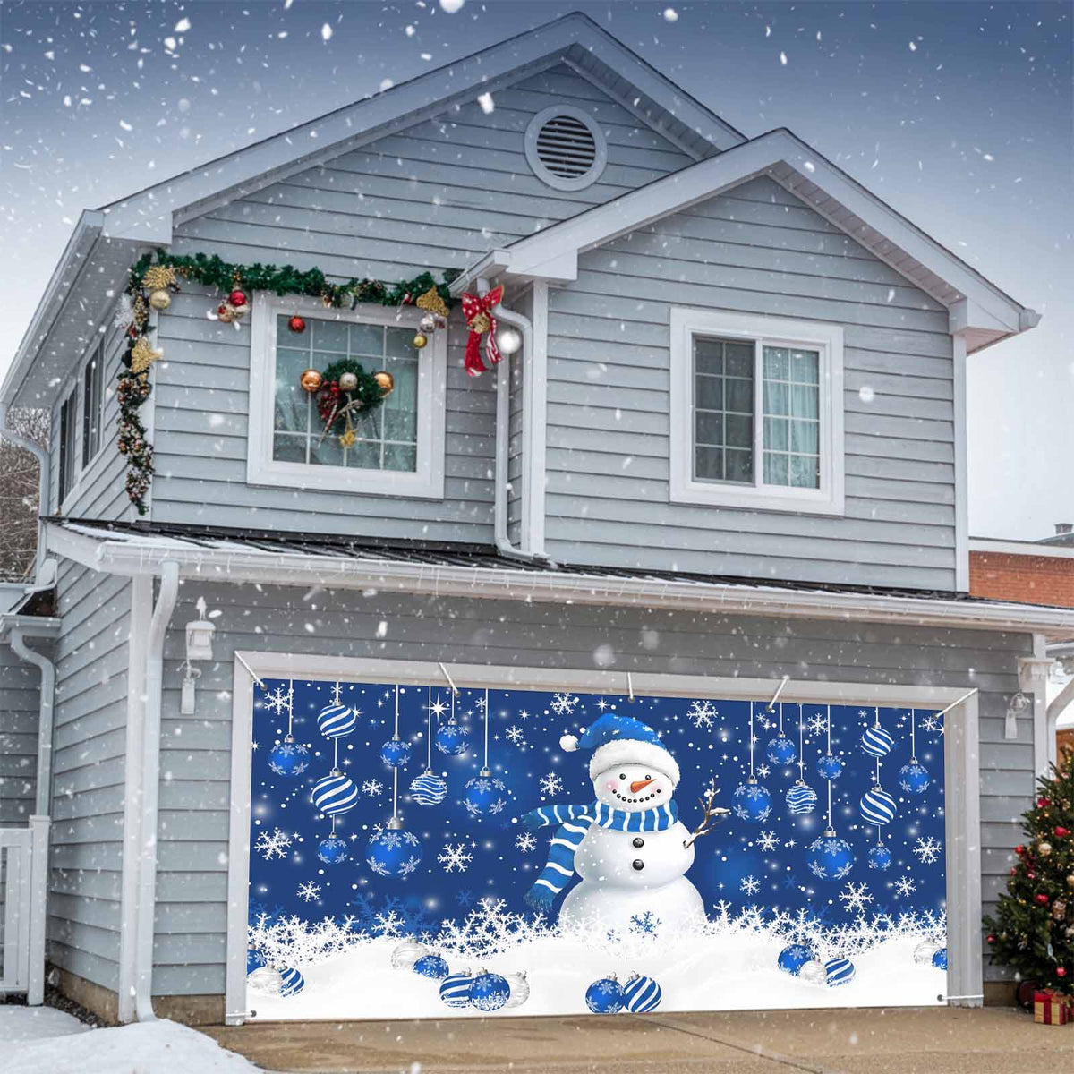 Fsddascl 7 x 16 Ft Christmas Garage Door Cover, Black Christmas Tree Large Garage Door Banner, Xmas Snowflake Green Golden Hanging Garage Mural Background for Indoor Outdoor Xmas Party Supplies