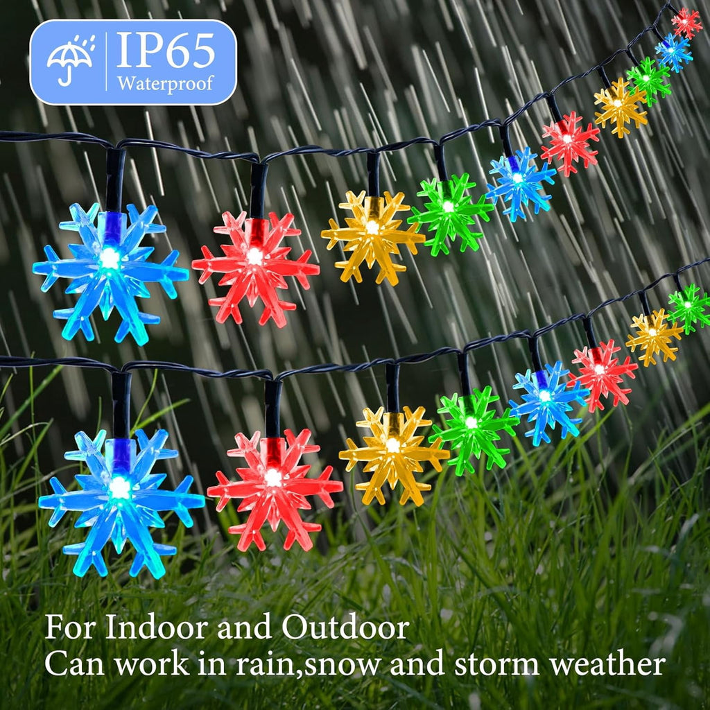 Fohil Solar Christmas Snowflake String Lights Outdoor Waterproof 100 LED Multicolor 8 Mode 39 ft for Christmas Tree Garden Fence Yard Decoration