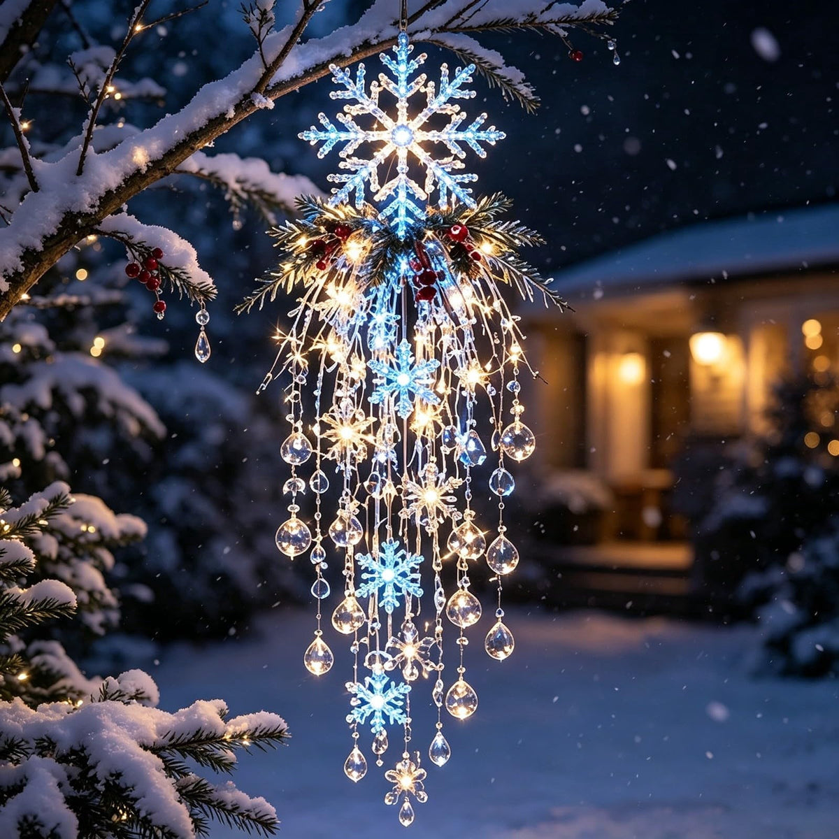 Crystal Cascade Christmas Light - Hanging Snowflake & Crystal LED Porch Decor(Blue light ball)
