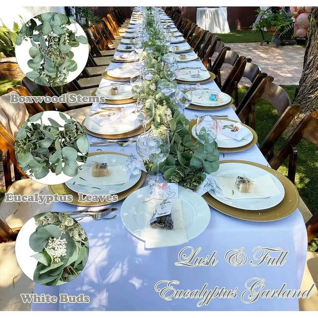 Scidweet Christmas Eucalyptus Garland, 2 Pcs 6.56 FT Artificial Greenery Garland Silver Dollar Leaves Boxwood Vines with White Buds for Home Wedding Party Table Mantle Xmas Decor