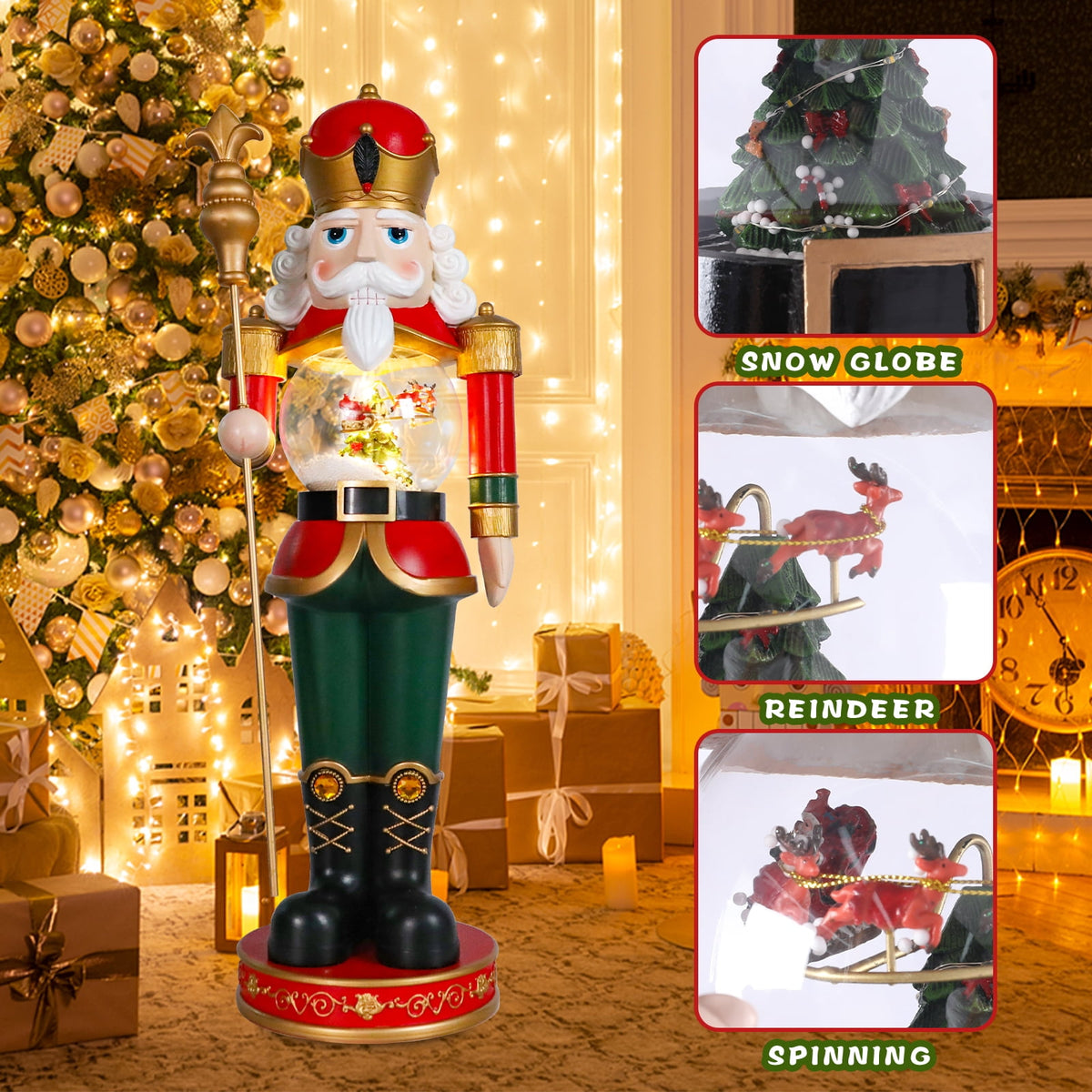 Large Christmas Nutcracker-Christmas Tree Autorotation Elk Santa Claus,King electric tabletop ornament, a sturdy wooden nutcracker King with snow global built-in rotating flying deer for home deco