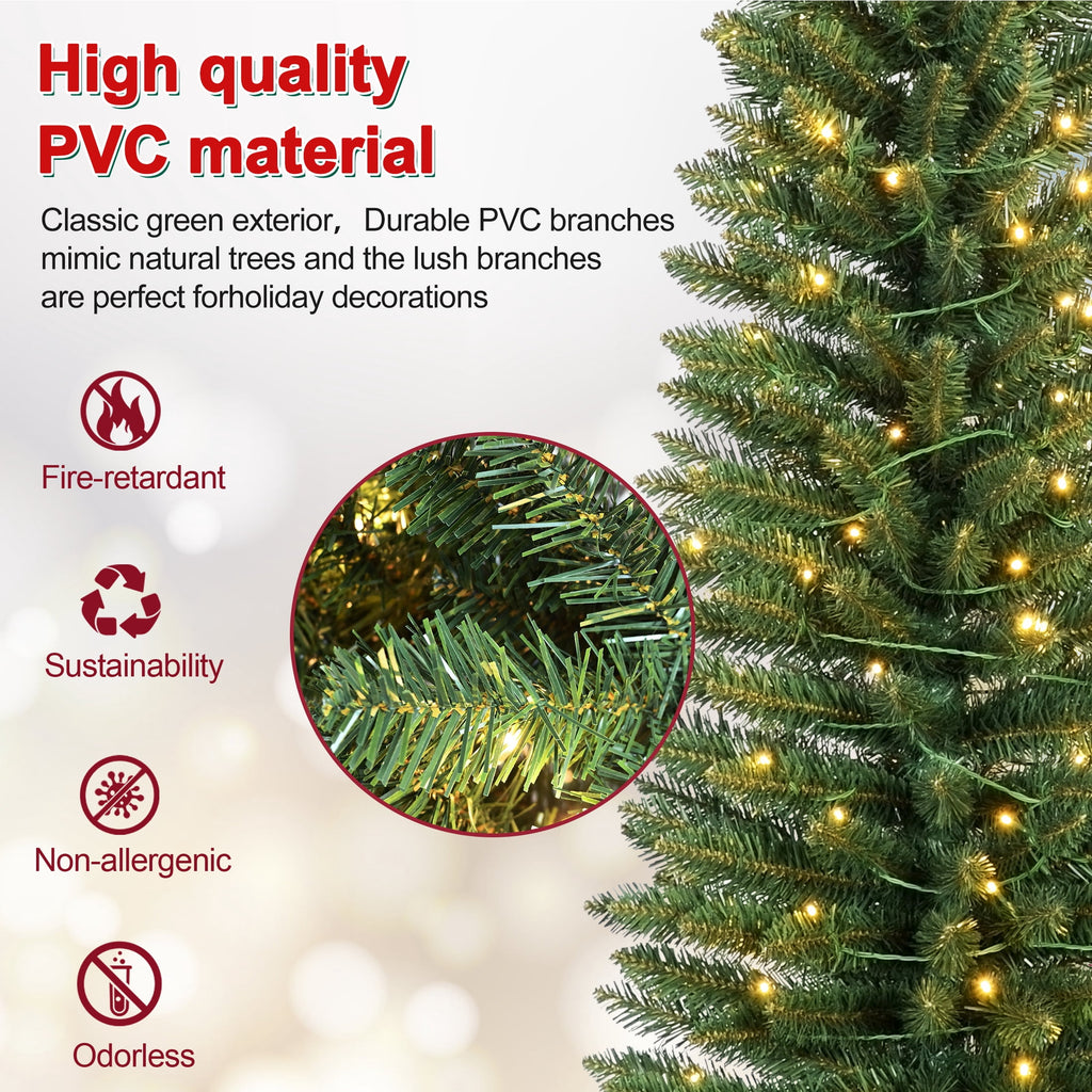 Makeatree 6 ft Pre-Lit Pencil Christmas Tree, Green Slim Skinny Spruce Xmas tree Holiday Decoration with 150 LED Lights, Metal Hinges & Foldable Base