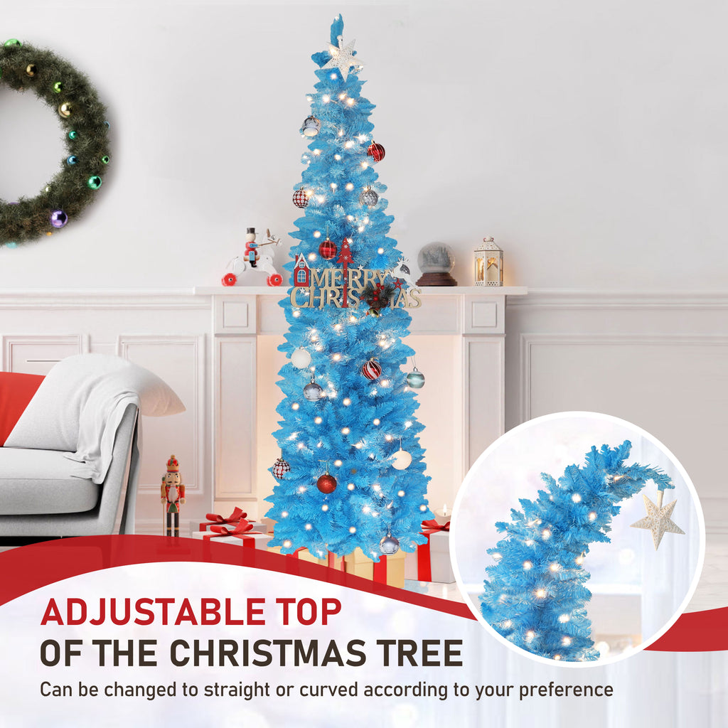 VEIKOUS 6ft Christmas Tree Crooked Neck with Topper, Prelit Xmas Tree with 200 LED Lights & 536 Branch Tips, Bendable Top Christmas Slim Tree for Holiday Decor, Green