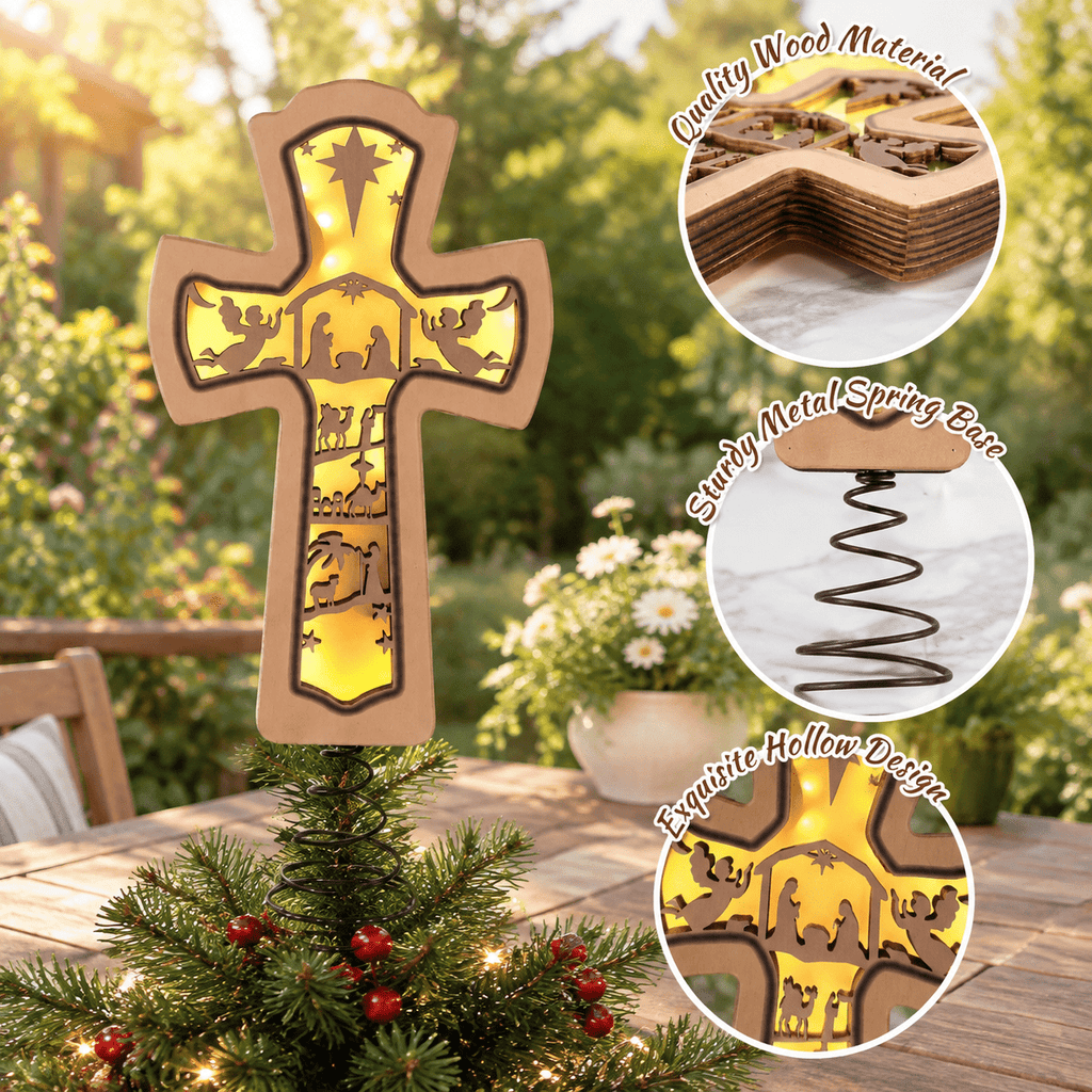 Lighted Christmas Tree Topper Wooden Nativity Cross Scene with Hollow Silhouette Glow for Holiday Decor