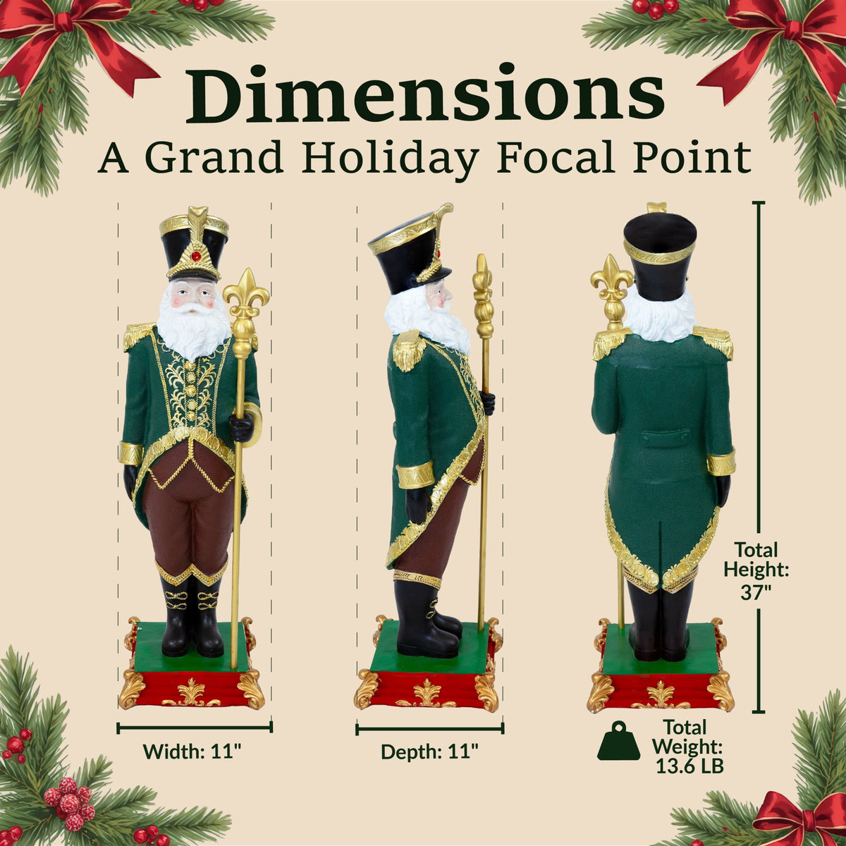 Sunnydaze Green Polyresin Guardian of the North Pole Nutcracker Christmas Statue, 37"