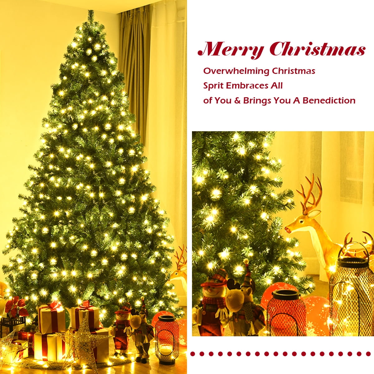 Costway 7Ft Pre-Lit PVC Hinged Christmas Tree 300 LED Lights Green