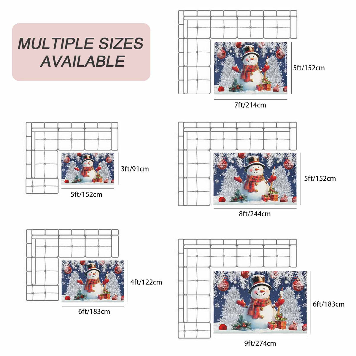 Grey Snowman Christmas Outdoor Rug for Patio/Deck/Porch, Non-Slip Large Area Rug 4 x 6 Ft, Xmas Tree Red Balls Snowflake Indoor Outdoor Rugs Washable Area Rugs, Reversible Camping Rug Carpet Runner