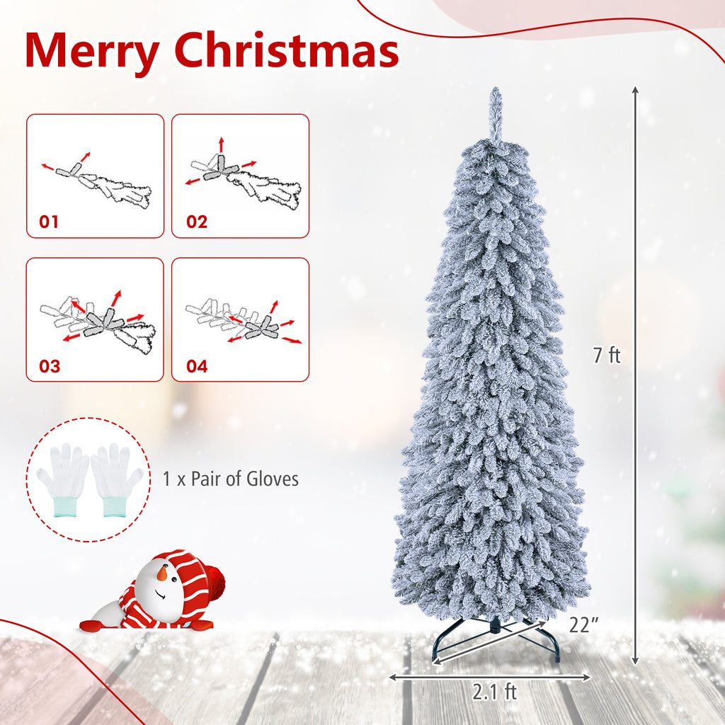 Costway 5 FT Pre-Lit Slim Christmas Tree Flocked Xmas Decoration 11 Modes 150 LED Lights